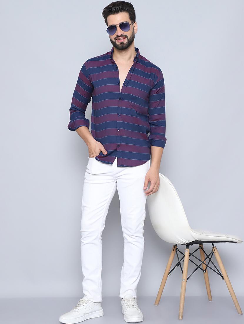 men navy blue striped cotton casual shirt - 21507238 - Standard Image - 4