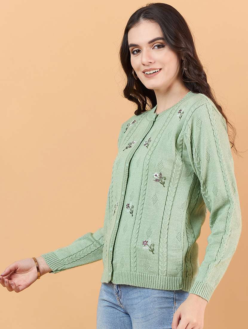 women sea green self design wool cardigan - 21507596 -  Standard Image - 1