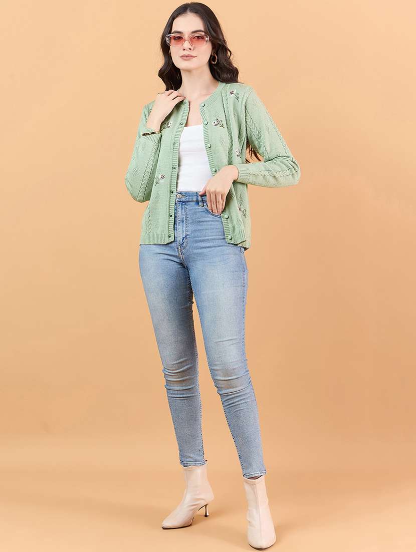 women sea green self design wool cardigan - 21507596 -  Standard Image - 4