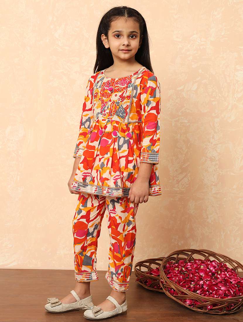 girls orange cotton kurta pant set  - 21507982 -  Standard Image - 1