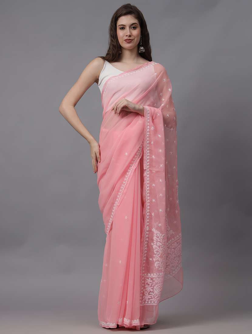 women chikankari work saree with blouse