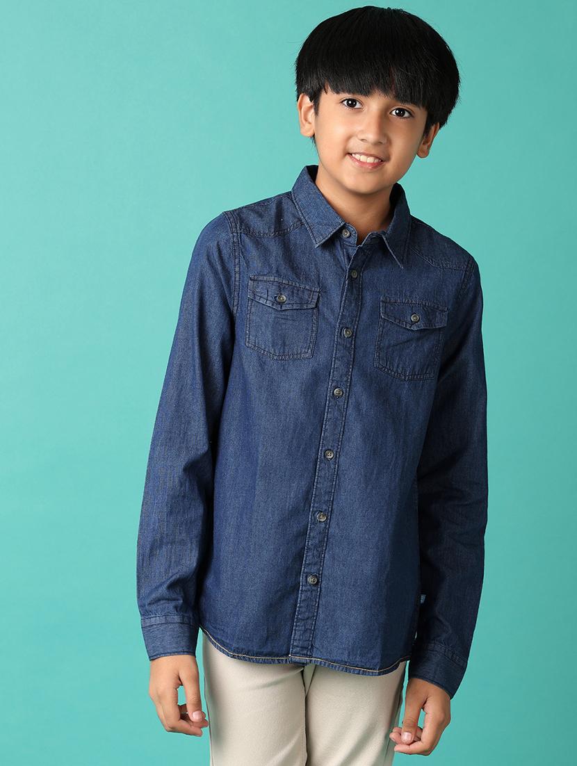 boys blue solid long sleeve denim shirt - 21508442 -  Zoom Image - 0