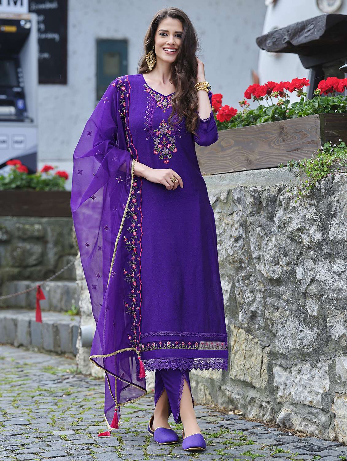 women three quarter sleeve dhoti kurta with dupatta set