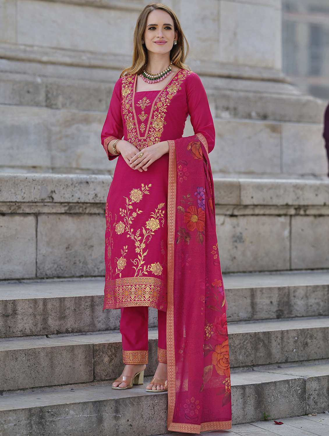 women three quarter sleeve kurta pant with dupatta set - 21508889 -  Standard Image - 1