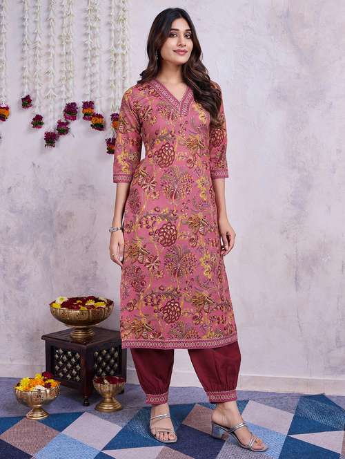women mauve three quarter sleeve kurta salwar set - 21508915 - Standard Image - 0