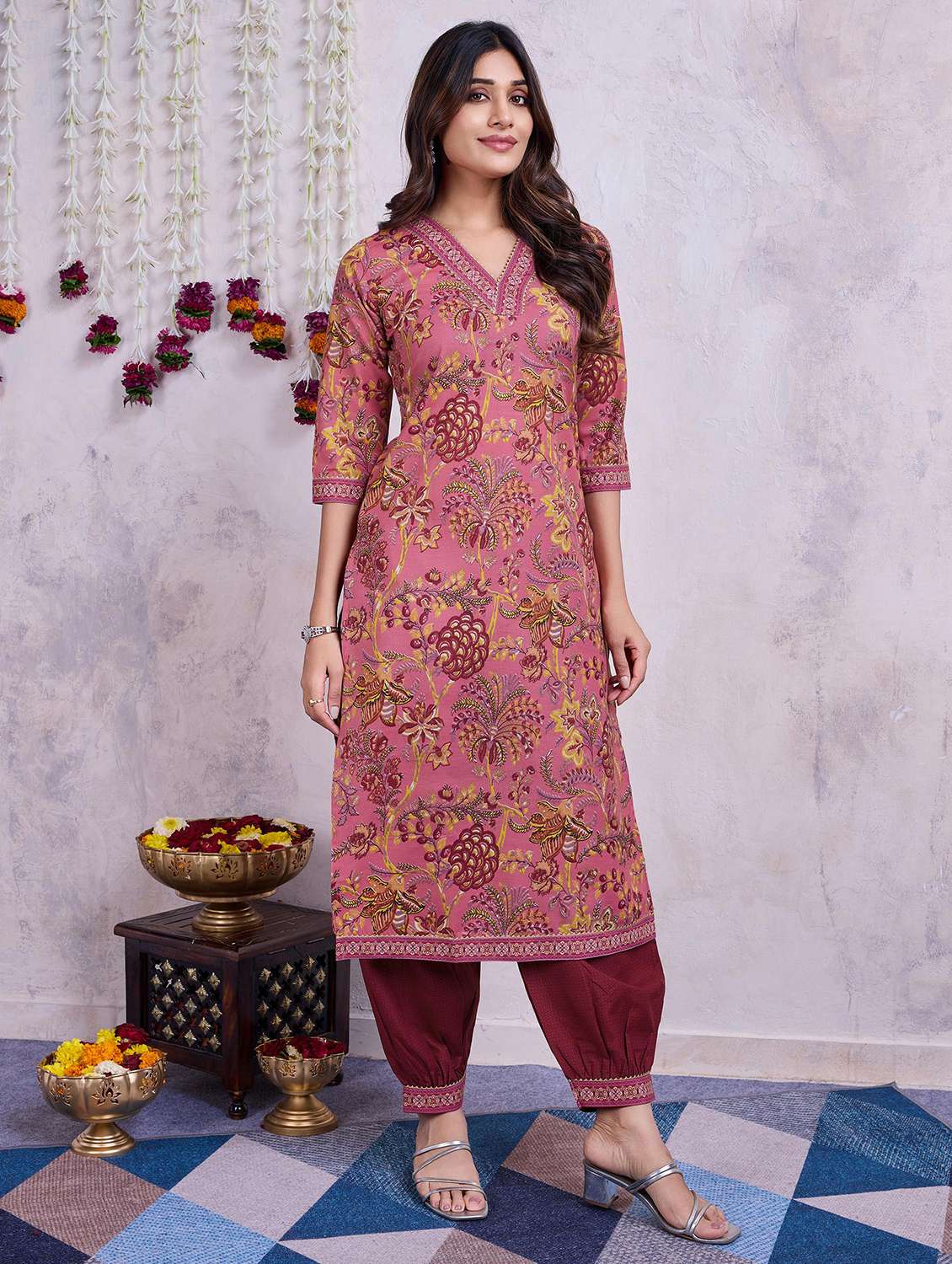 women mauve three quarter sleeve kurta salwar set - 21508915 - Zoom Image - 0