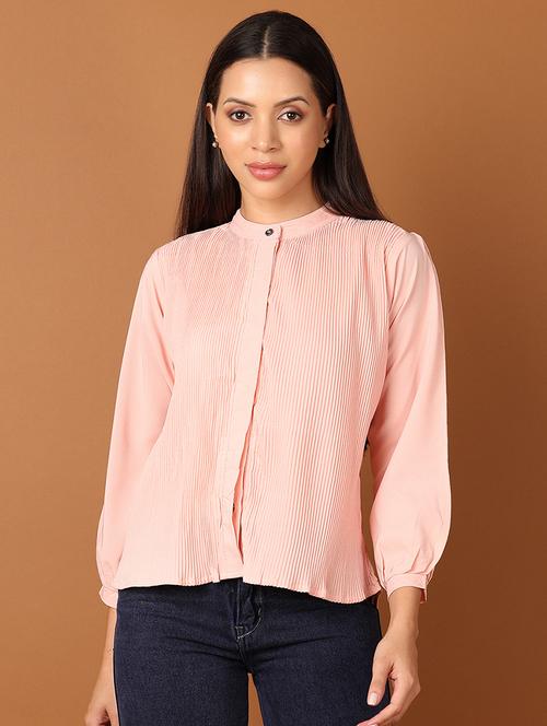 women peach solid mandarin neck top - 21508976 -  Standard Image - 0