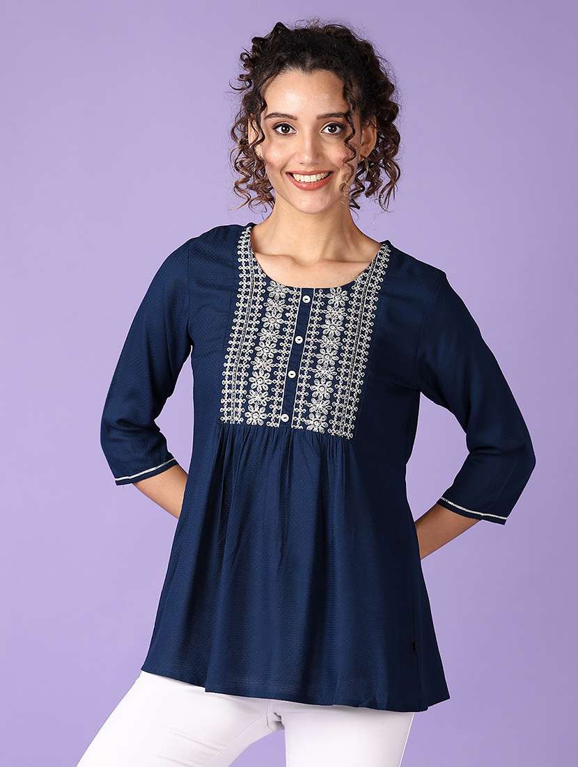 women embroidered round neck a-line kurti