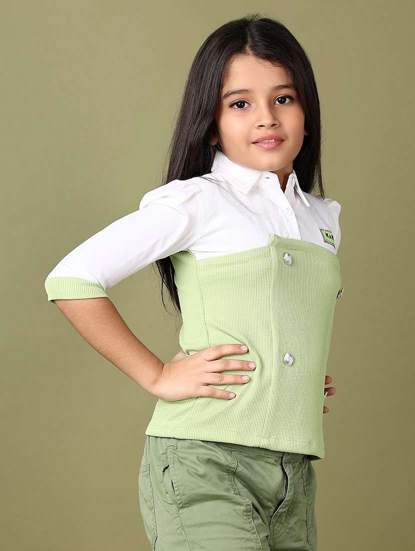 girls color block three quarter sleeve top - 21509004 -  Standard Image - 1