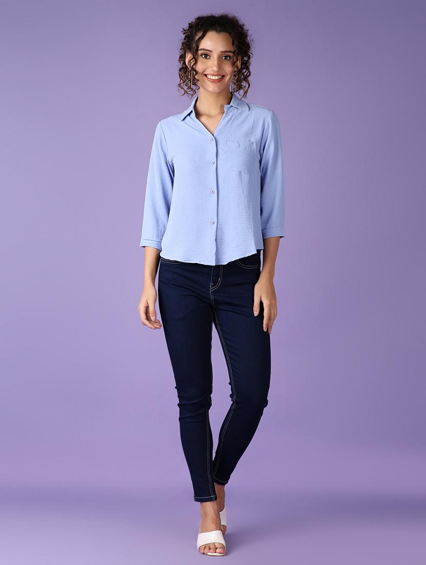 women light blue solid three quarter sleeve shirt - 21509098 - Standard Image - 4