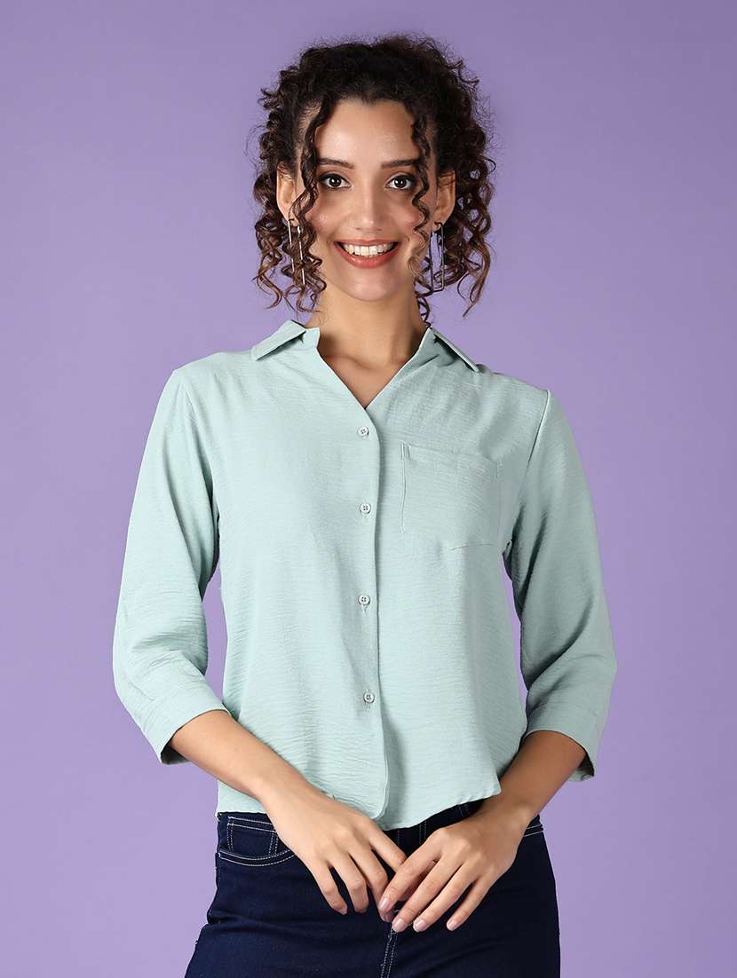 women sea green solid three quarter sleeve shirt - 21509099 -  Zoom Image - 0