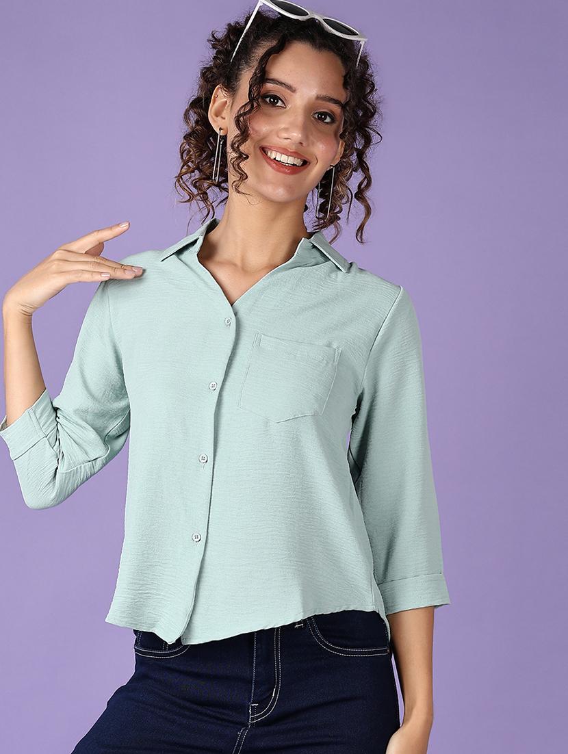 women sea green solid three quarter sleeve shirt - 21509099 -  Standard Image - 1