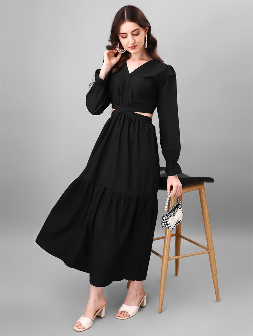 black solid fit & flare dress - 21509435 - Standard Image - 1