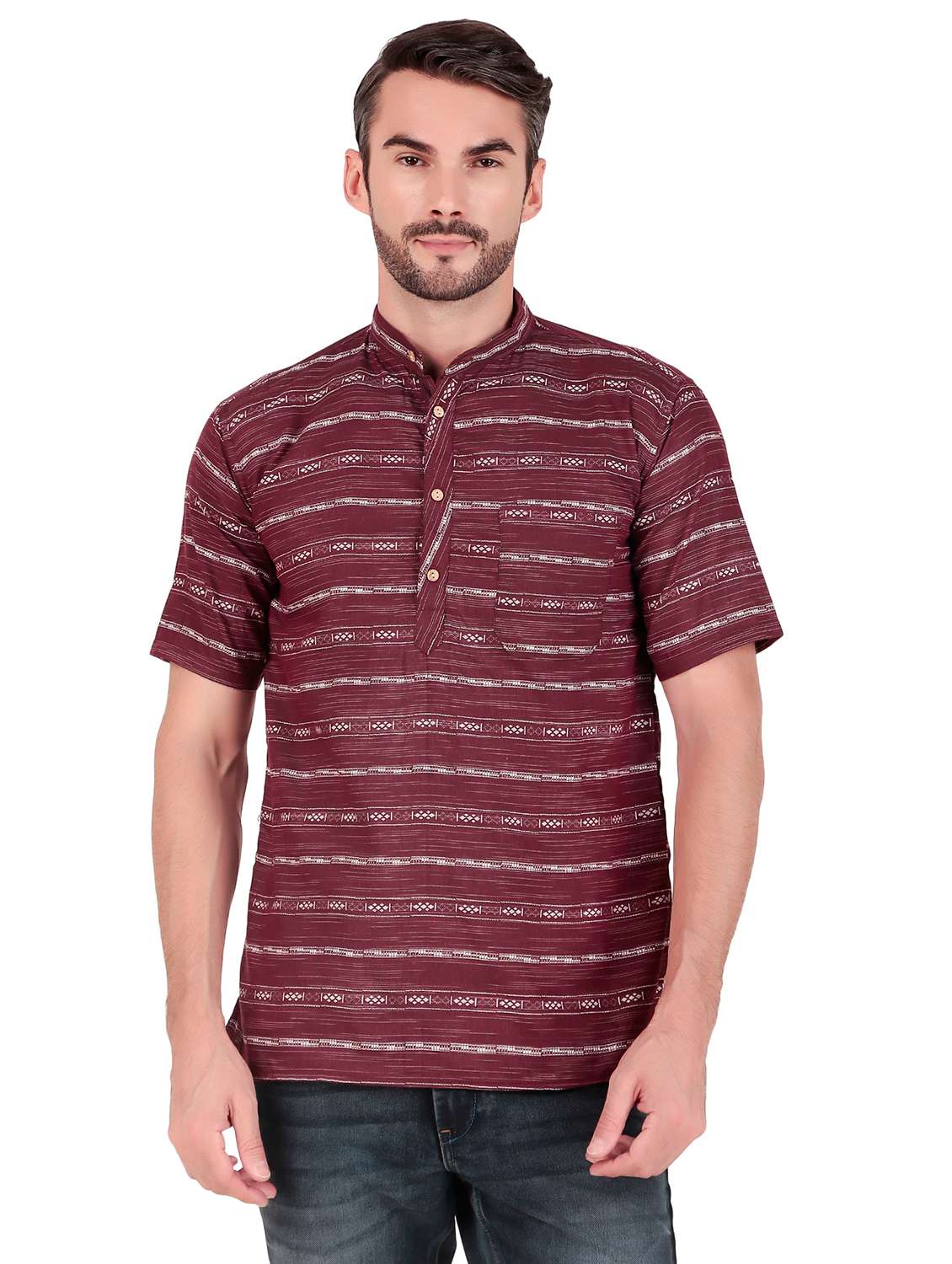 men self design short sleeves short kurta