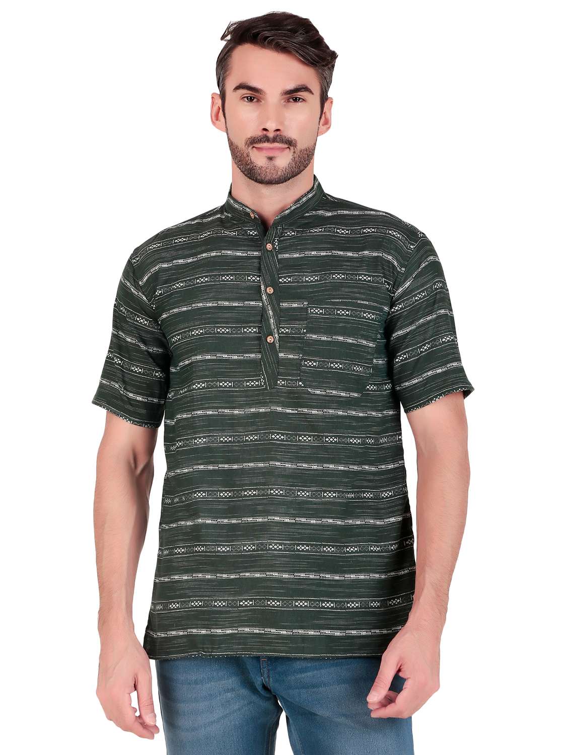 men self design short sleeves short kurta