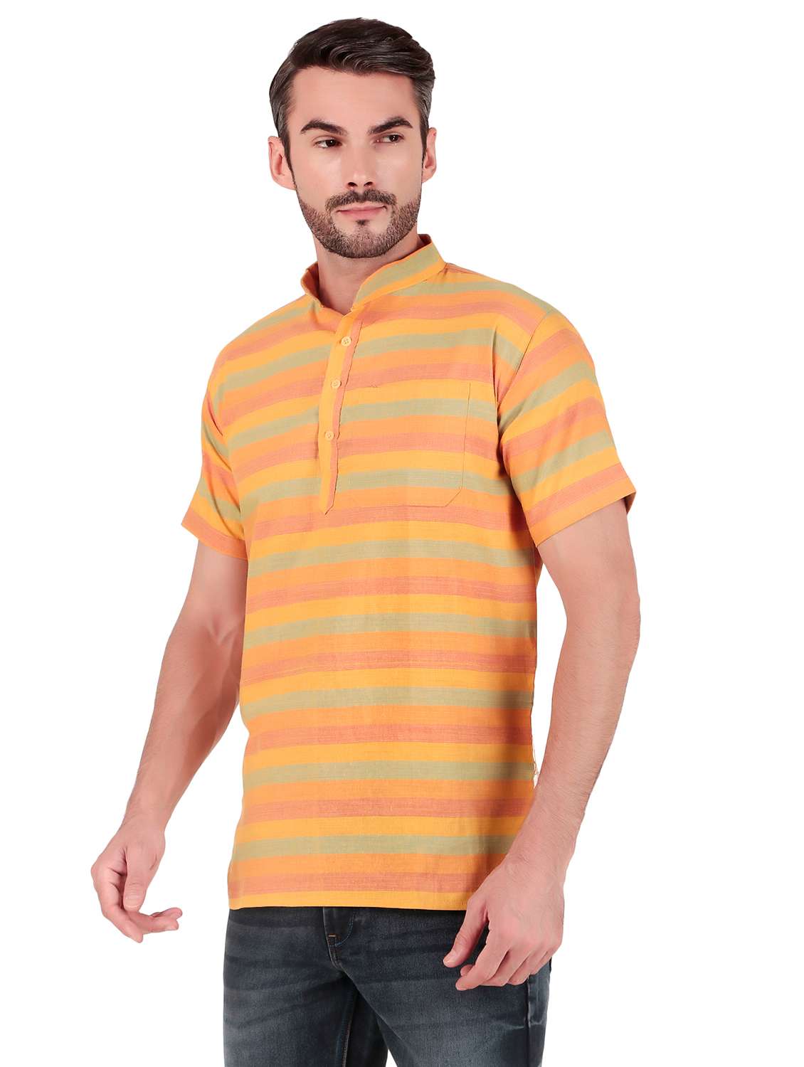 men striped short sleeves short kurta - 21509466 -  Standard Image - 1
