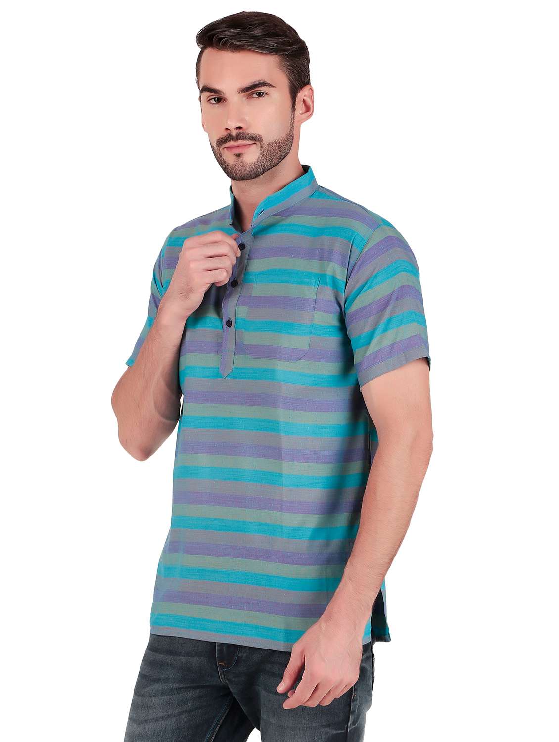 men striped short sleeves short kurta - 21509467 -  Standard Image - 1