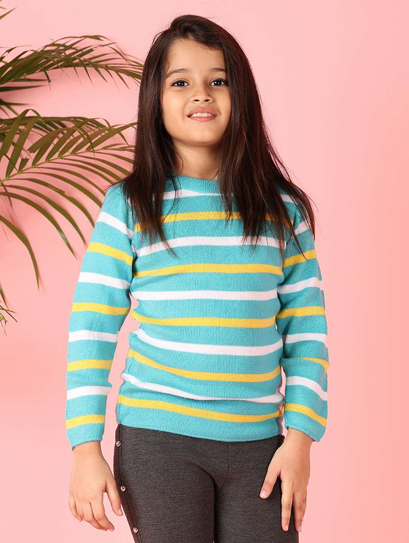 girls light blue self design sweaters
