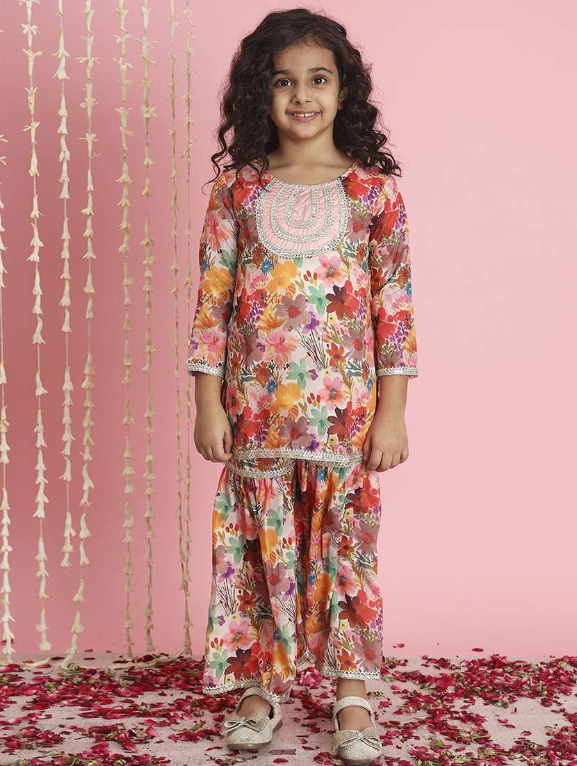 girls multi coloured silk blend kurta sharara set - 21509676 - Standard Image - 1