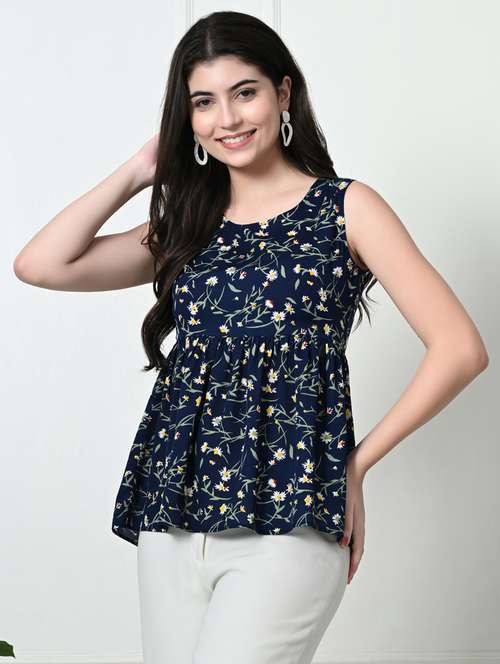 women navy blue polyester flared top - 21509694 -  Standard Image - 0