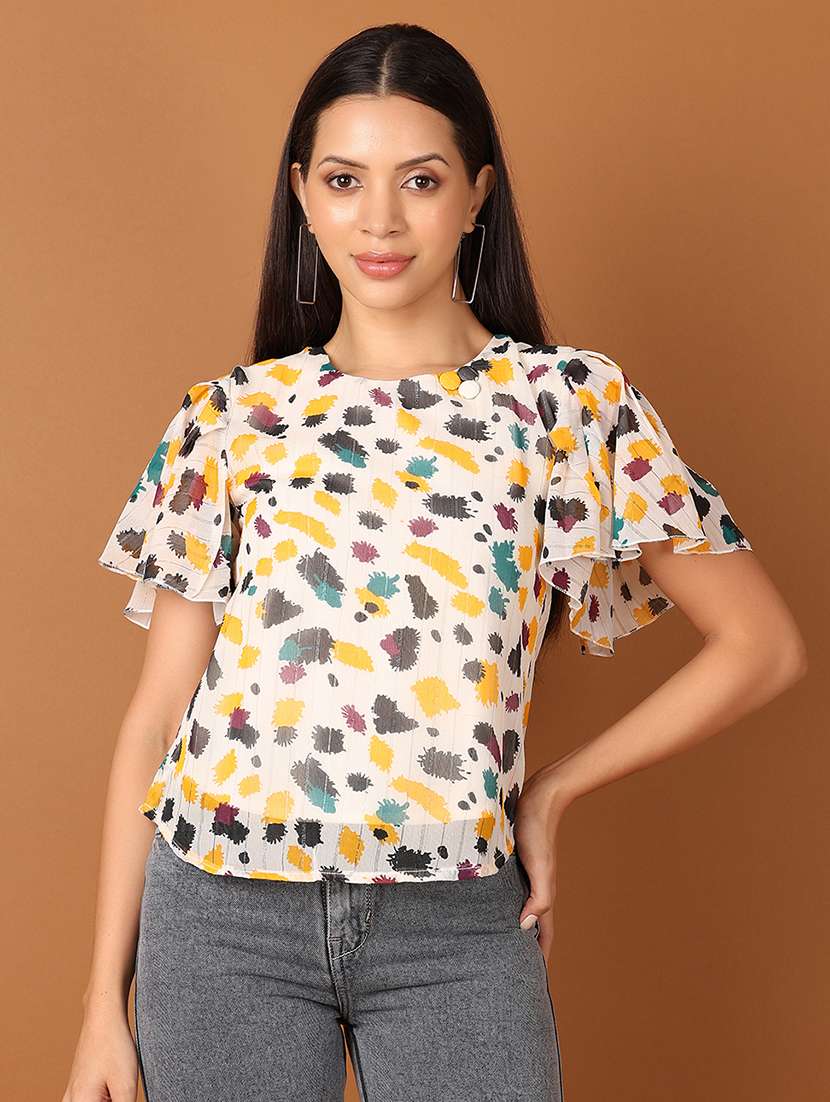 women off-white printed round neck top