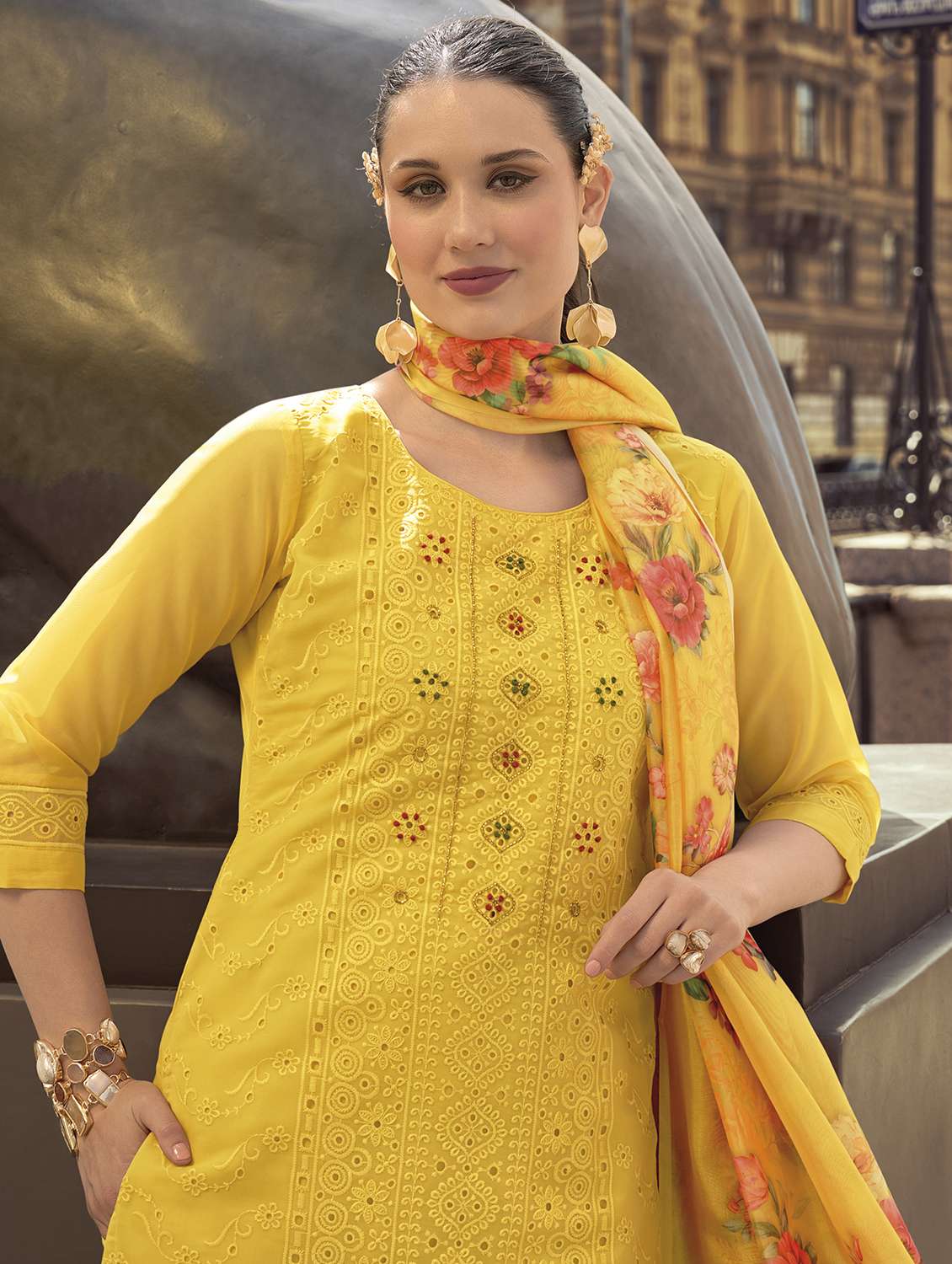women three quarter sleeve kurta pant with dupatta set - 21510312 - Standard Image - 1