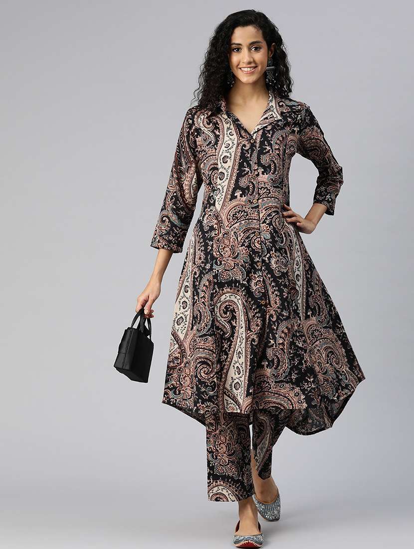 women shirt collar printed co-ord set