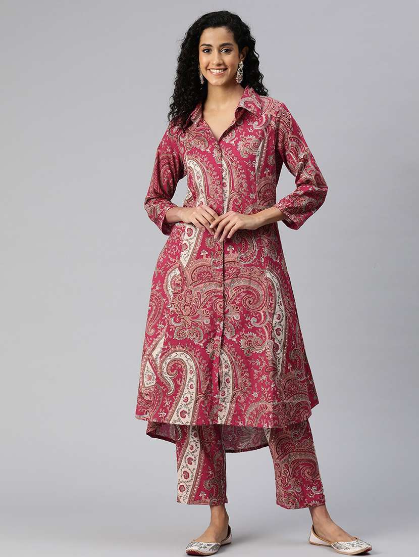 women shirt collar printed kurta pant set - 21510341 - Standard Image - 1