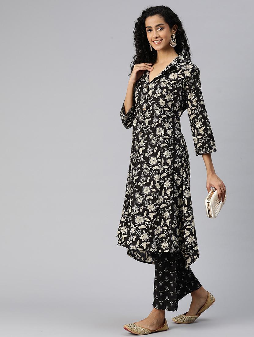 women shirt collar floral kurta pant set - 21510344 - Standard Image - 1