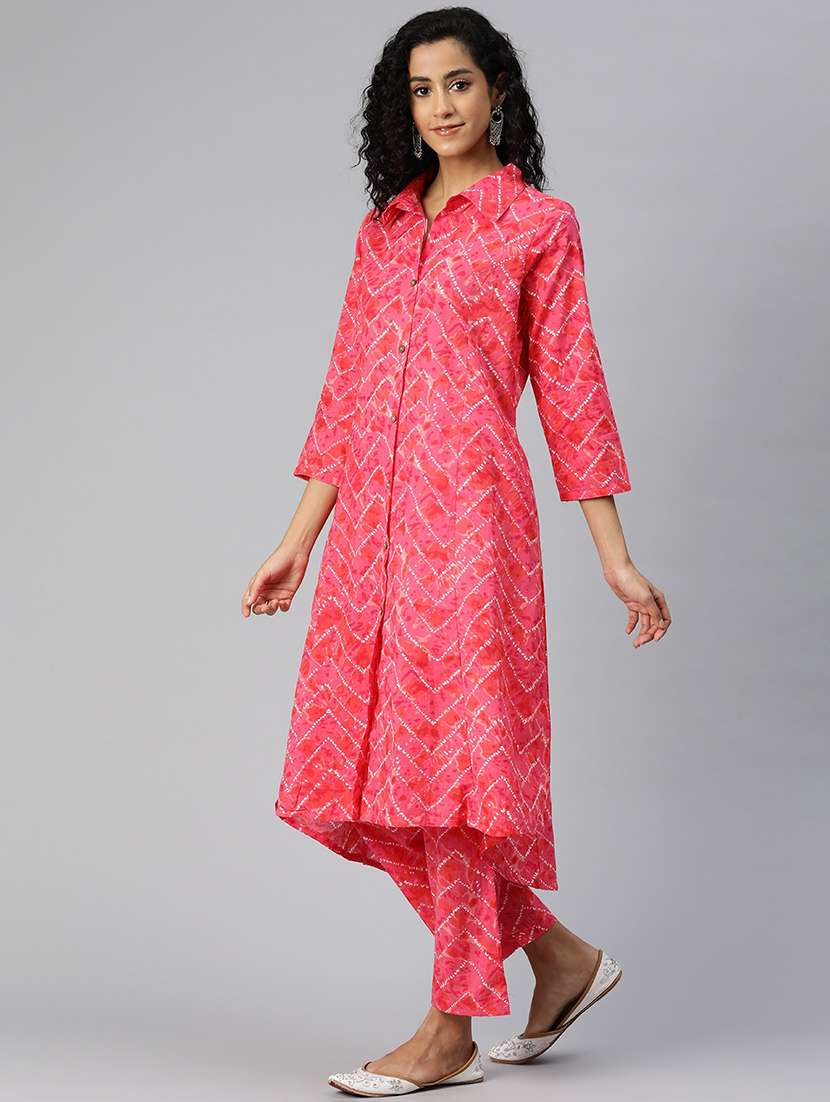 women shirt collar printed kurta pant set - 21510345 -  Standard Image - 1
