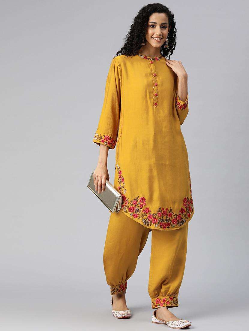 women mustard embroidered kurta salwar set