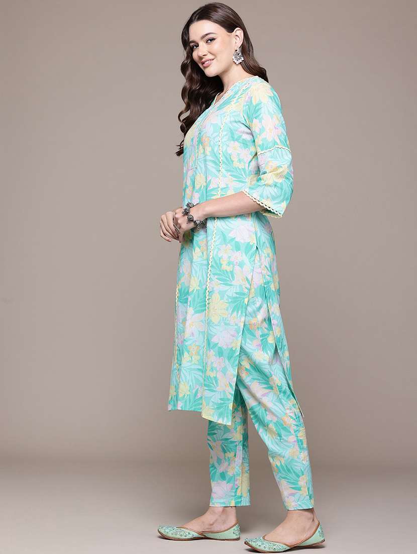 women v neck printed kurta pant set - 21510387 -  Standard Image - 1