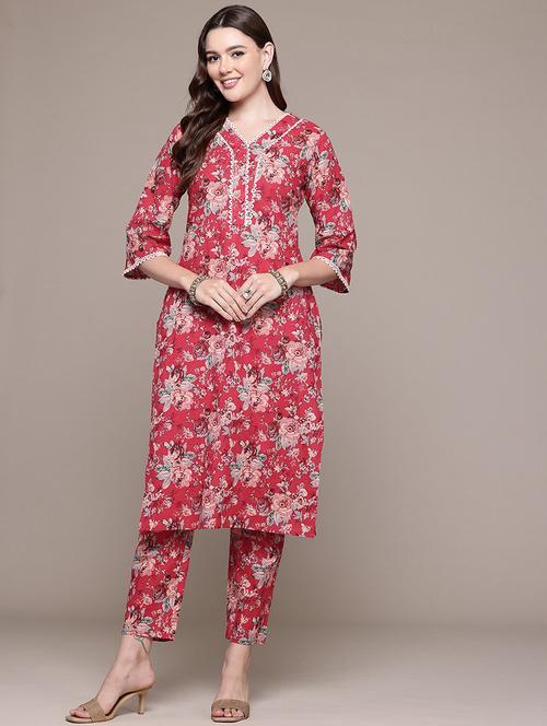 women v neck floral kurta pant set - 21510389 - Standard Image - 0