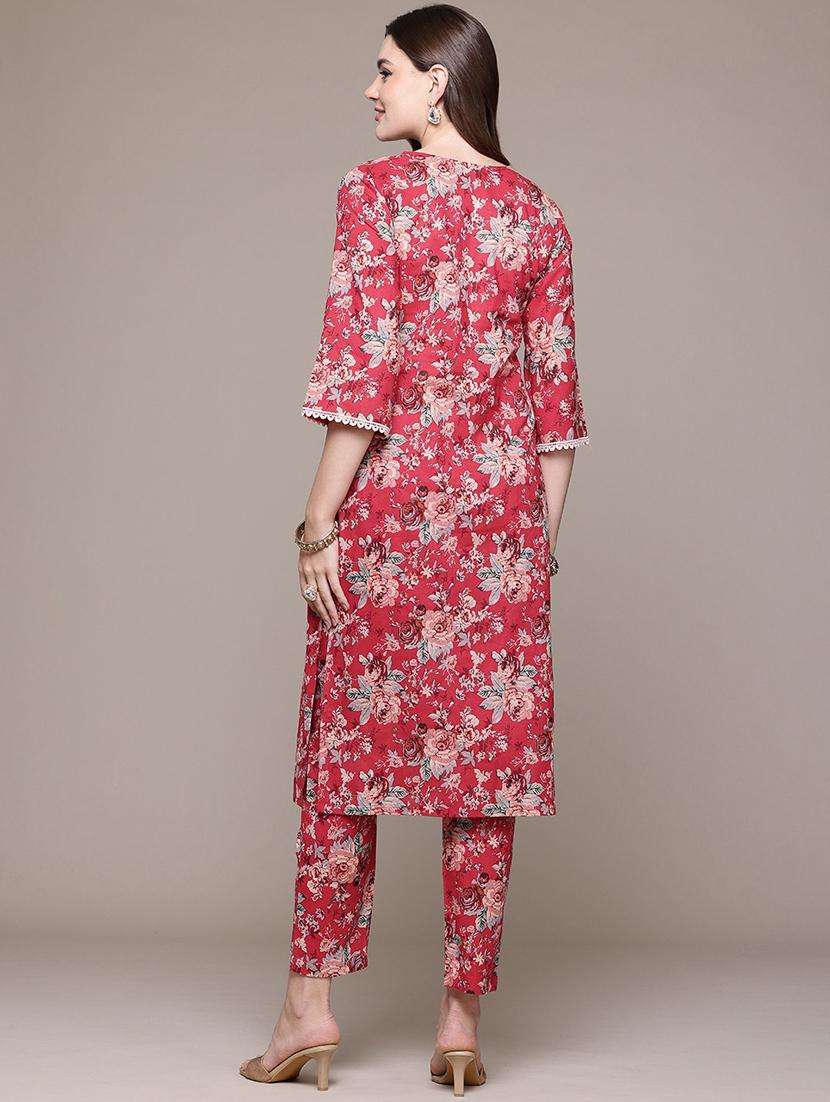 women v neck floral kurta pant set - 21510389 -  Standard Image - 4