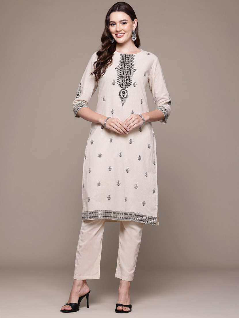 women off white embroidered kurta pant set