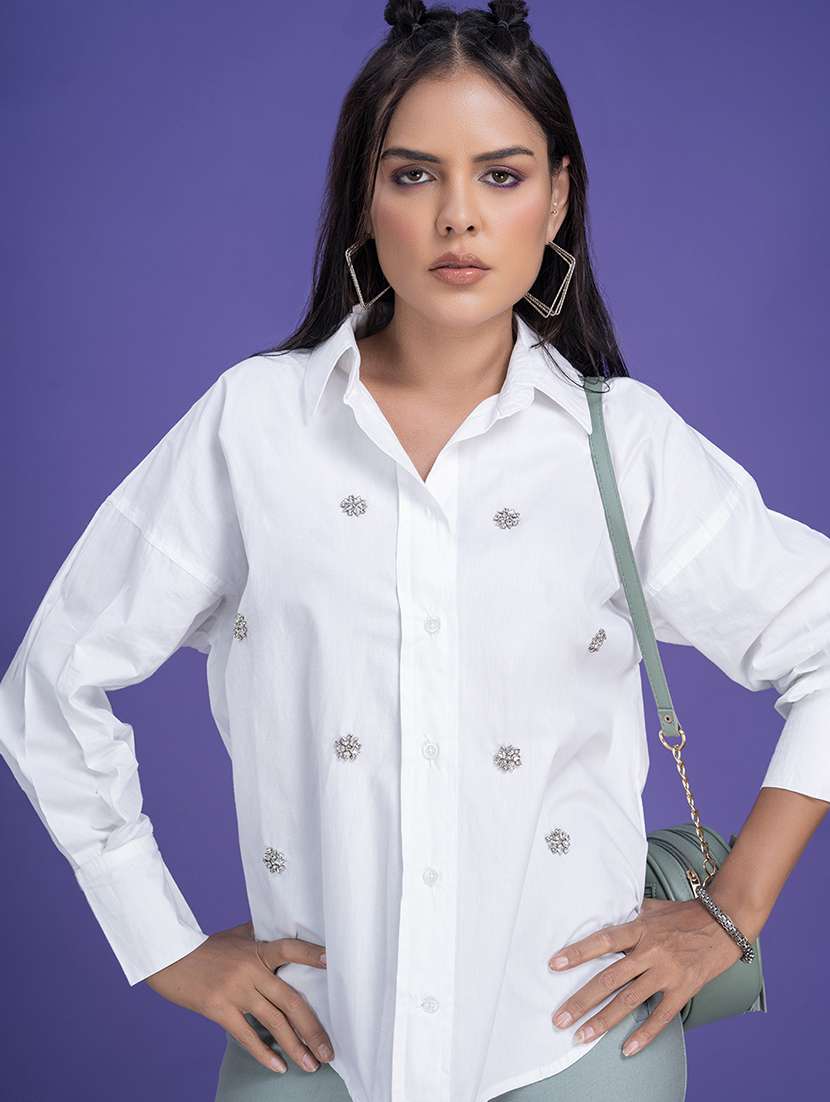 women white solid with work oversized shirt - 21510486 -  Standard Image - 1