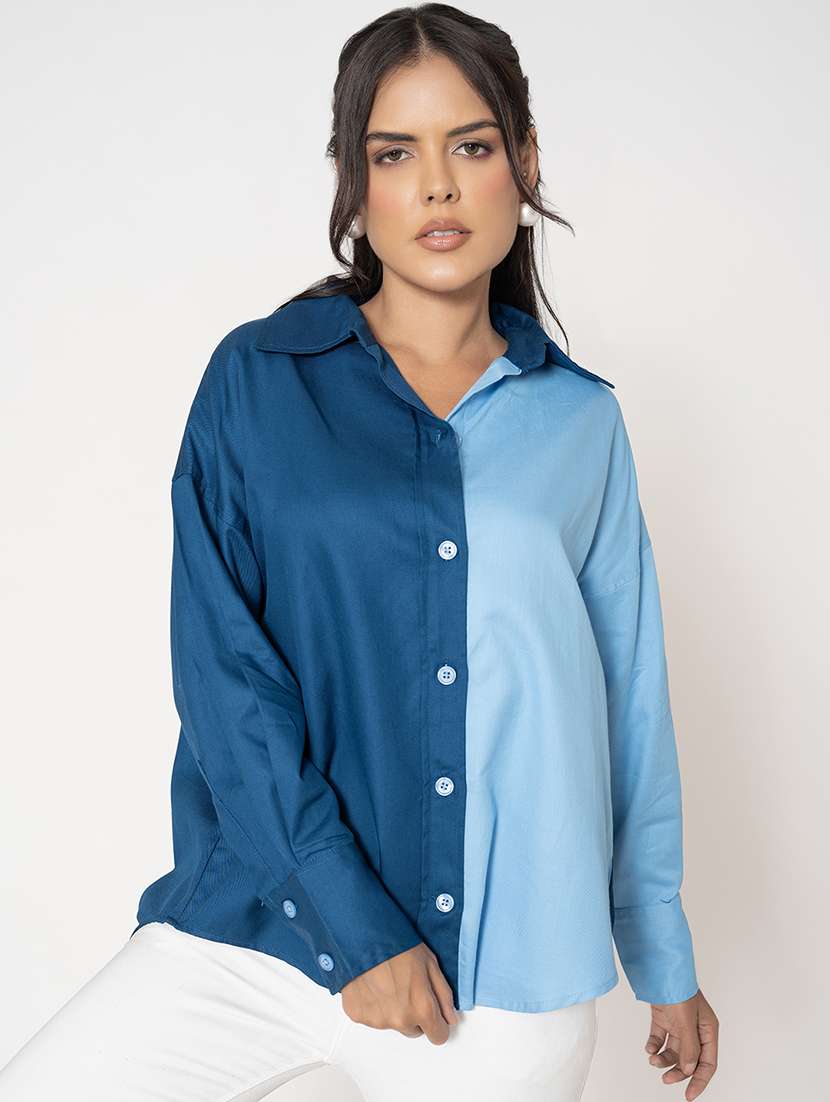 women shirt collar color block oversized shirt