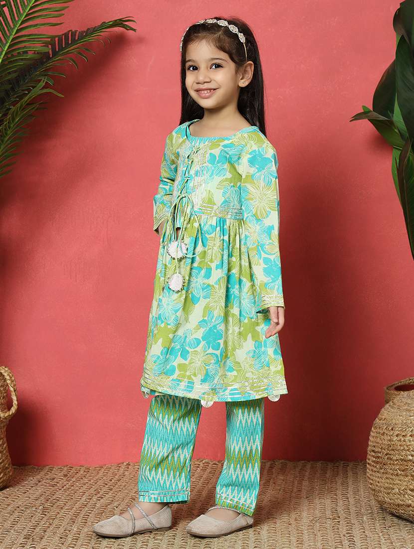 girls sea green cotton kurta pant set - 21510501 -  Standard Image - 1