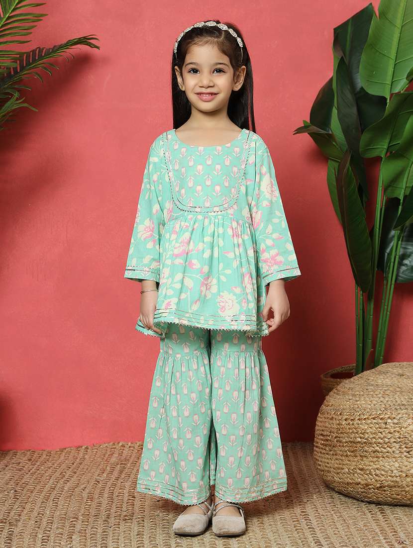 girls sea green cotton kurta sharara set