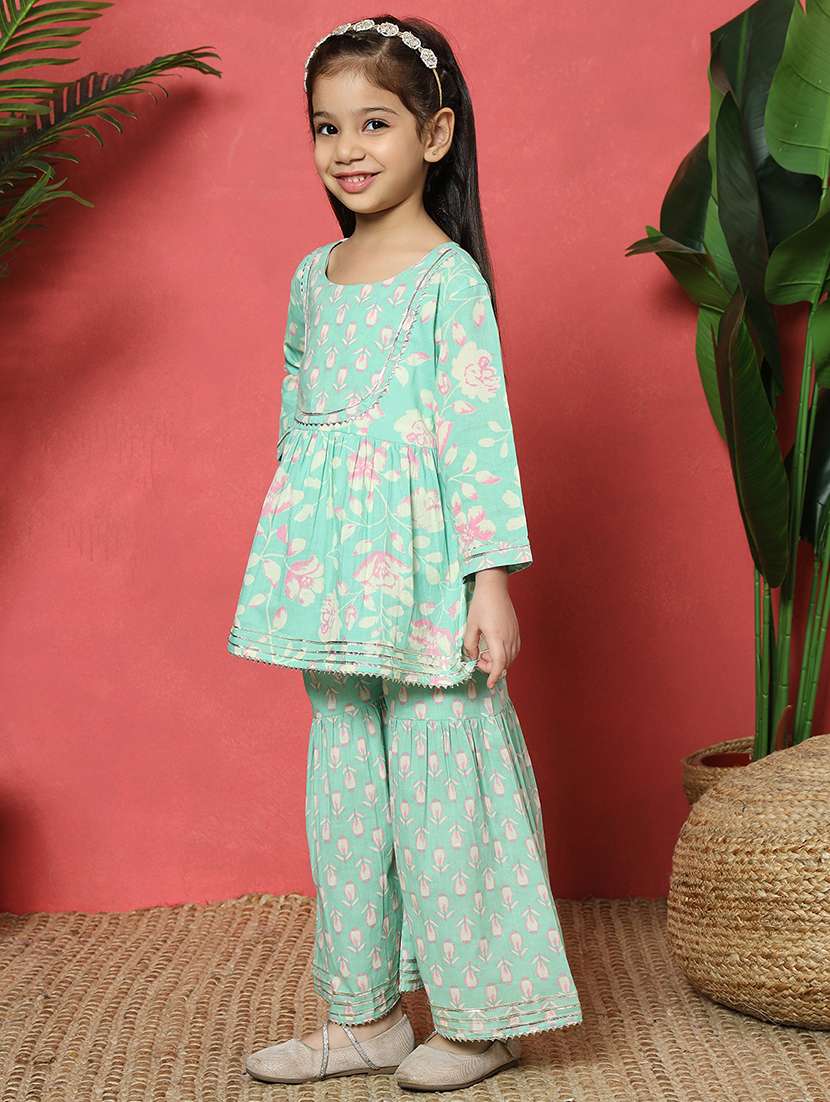 girls sea green cotton kurta sharara set - 21510507 -  Standard Image - 1