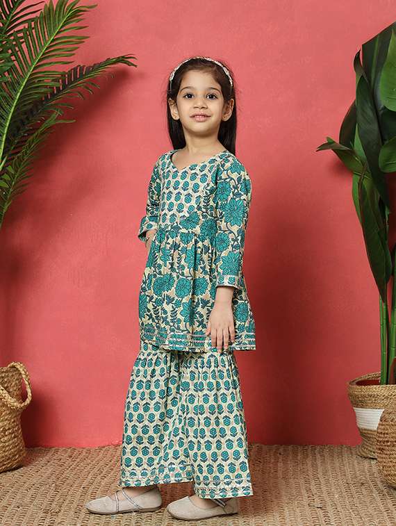 girls turquoise cotton kurta sharara set - 21510521 -  Standard Image - 1