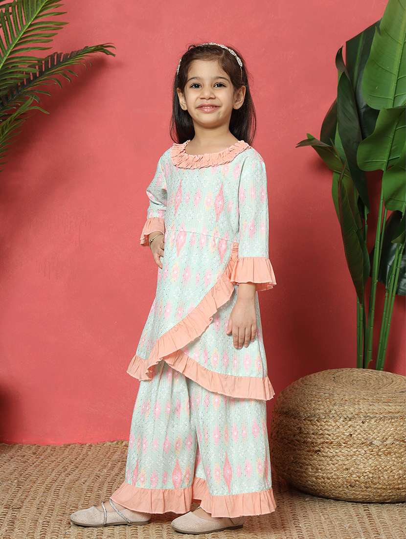 girls sea green cotton kurta sharara set - 21510522 -  Standard Image - 1
