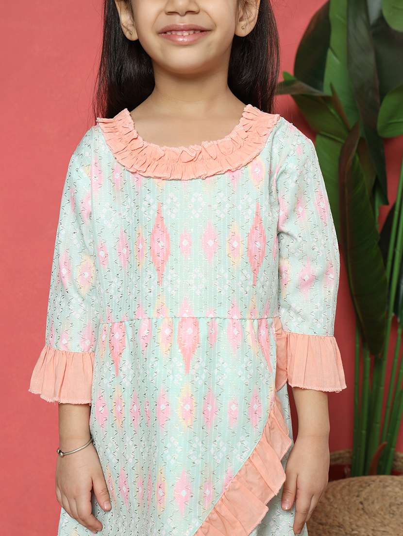 girls sea green cotton kurta sharara set - 21510522 -  Standard Image - 4