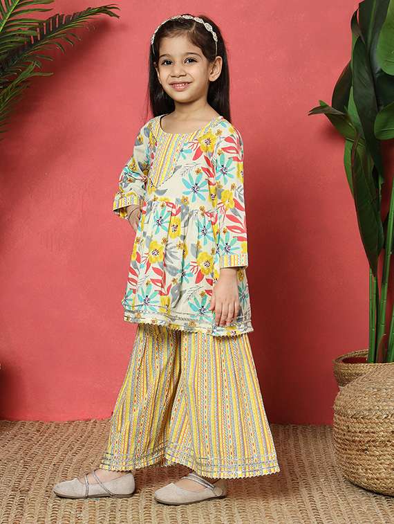 girls off white cotton kurta sharara set - 21510524 -  Standard Image - 1