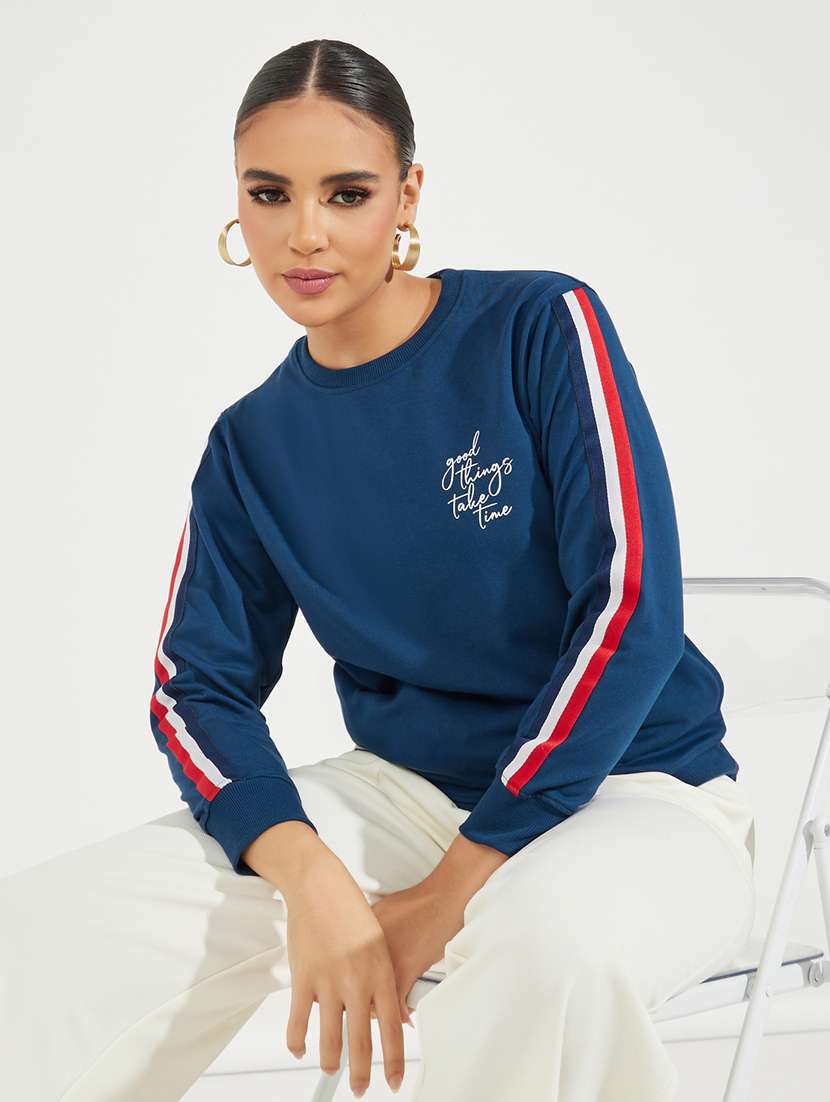 women navy blue chest print sweatshirt - 21510633 -  Standard Image - 1