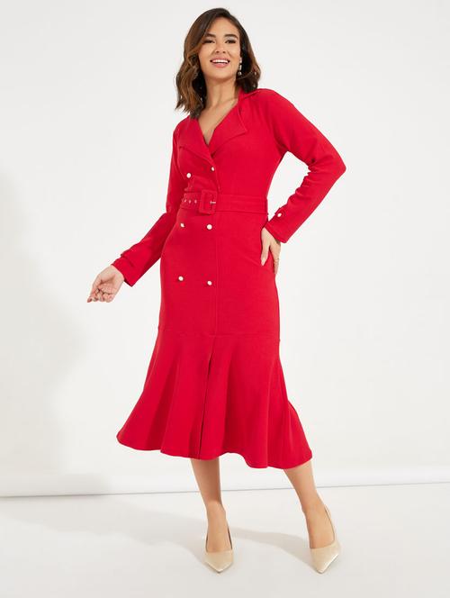 women red solid long sleeve coat dress - 21510653 -  Standard Image - 0
