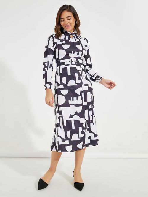 women printed puff sleeve belted dress - 21510657 -  Standard Image - 0