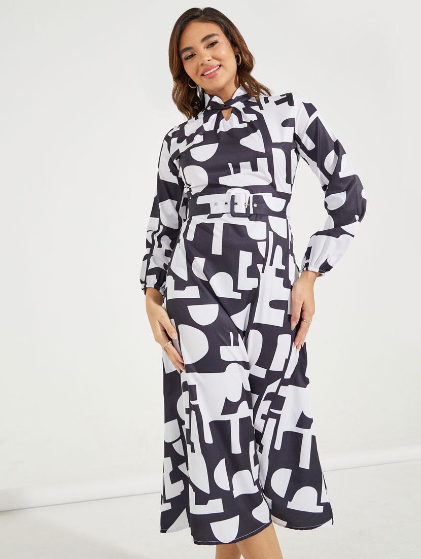 women printed puff sleeve belted dress - 21510657 - Standard Image - 1