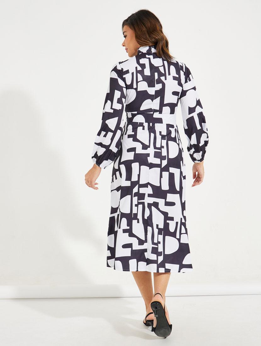 women printed puff sleeve belted dress - 21510657 - Standard Image - 4