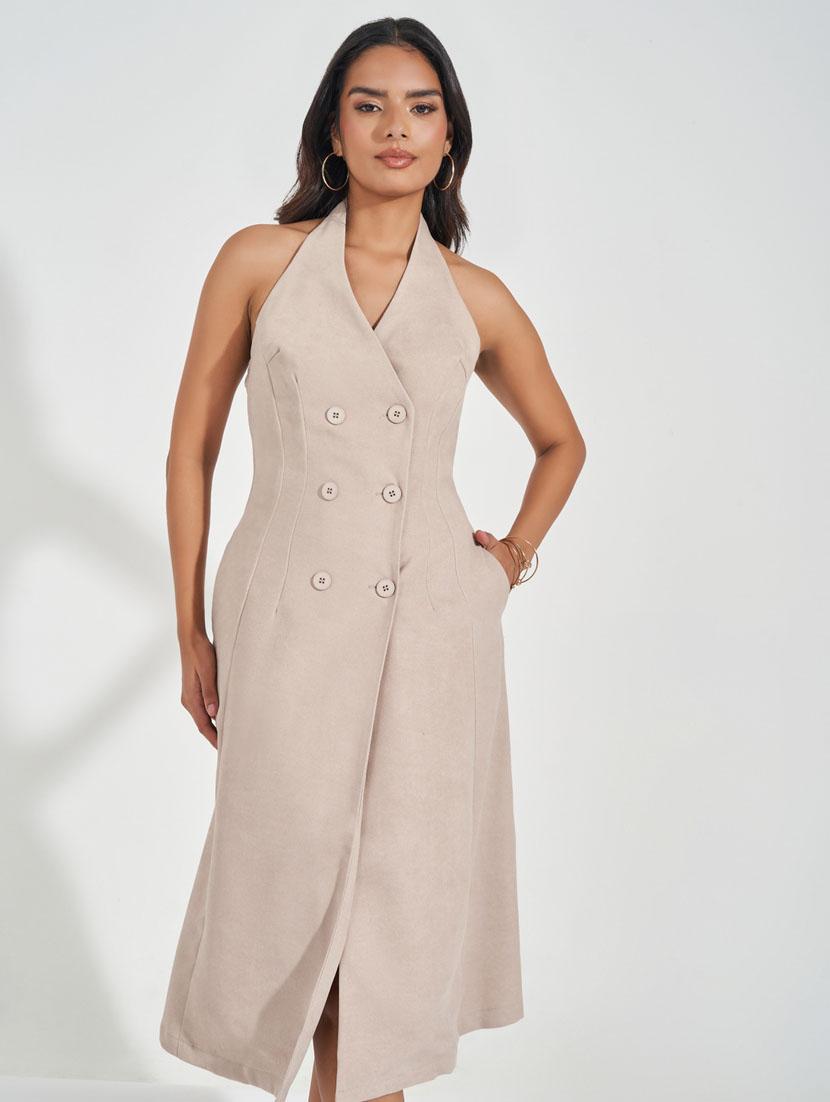 women solid halter neck sleeveless coatdress - 21510688 - Standard Image - 1